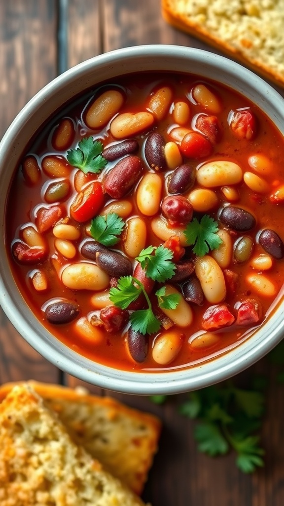A bowl of 6-bean chili with tomatoes and spices garnished with cilantro, accompanied by cornbread on a wooden table.